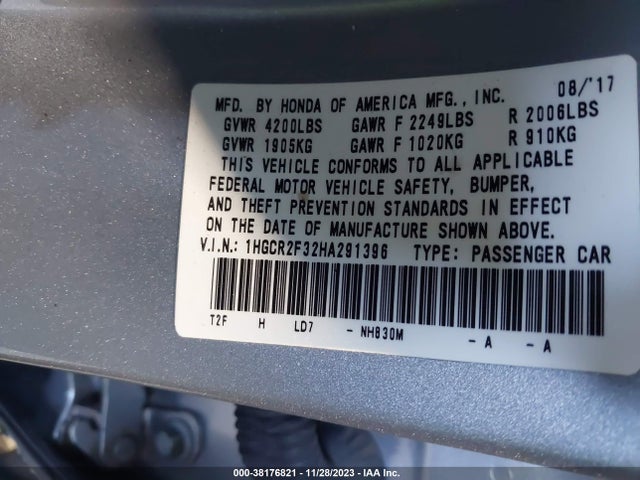 Honda ACCORD LX 2017 1HGCR2F32HA291396 Image 9
