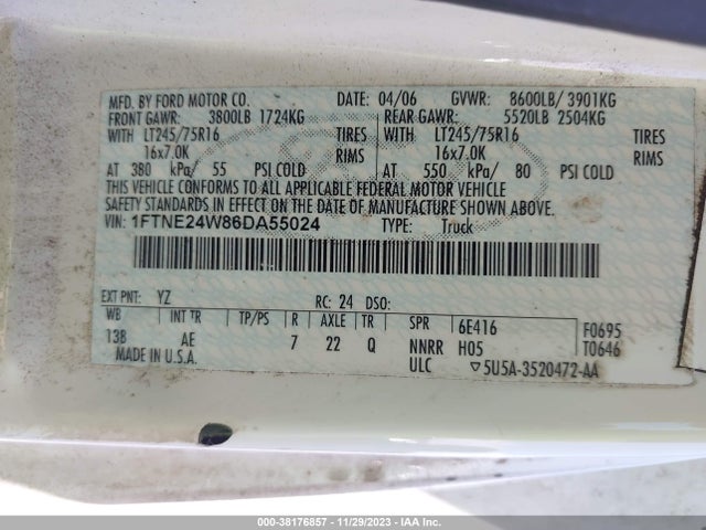 2006 FORD E-250 RECREATIONAL/COMMERCIAL VIN: 1FTNE24W86DA55024