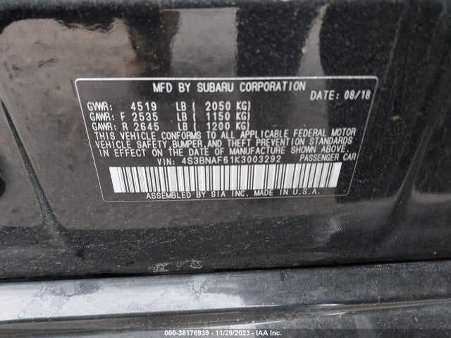2019 SUBARU LEGACY 2.5I PREMIUM VIN: 4S3BNAF61K3003292