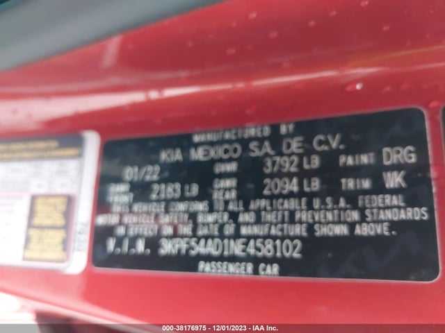 2022 KIA FORTE GT LINE VIN: 3KPF54AD1NE458102