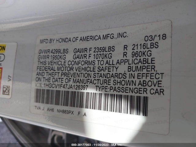 Honda ACCORD EX 2018 1HGCV1F47JA126397 Image 9