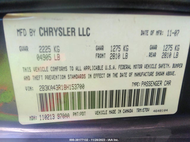 2008 DODGE CHARGER VIN: 2B3KA43R18H153700