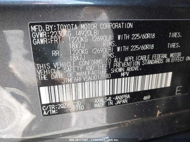 2022 TOYOTA RAV4 XSE HYBRID VIN: JTME6RFV5NJ013940