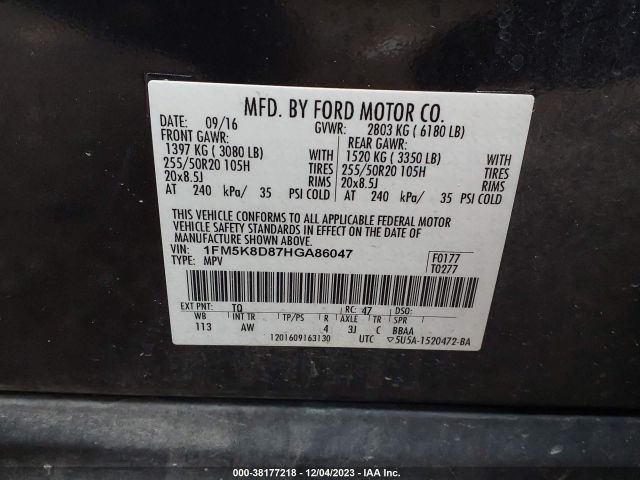 2017 FORD EXPLORER 1FM5K8D87HGA86047 Photo 8