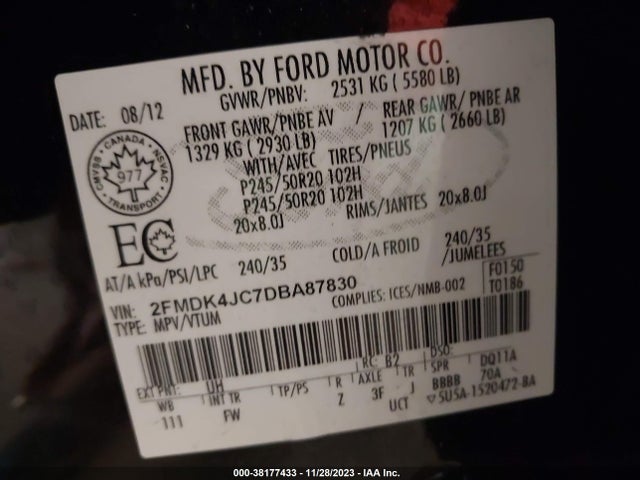 2013 FORD EDGE SEL VIN: 2FMDK4JC7DBA87830