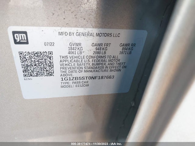 2022 CHEVROLET MALIBU FWD LS VIN: 1G1ZB5ST0NF187663