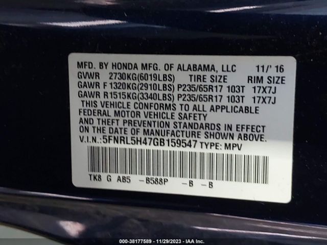 5FNRL5H47GB159547 Honda ODYSSEY EX