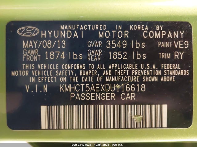 2013 HYUNDAI ACCENT GS VIN: KMHCT5AEXDU116618