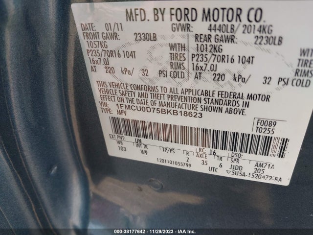 2011 FORD ESCAPE XLT VIN: 1FMCU0D75BKB18623