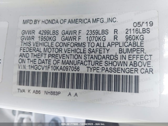 Honda ACCORD LX 2019 1HGCV1F10KA097056 Image 9