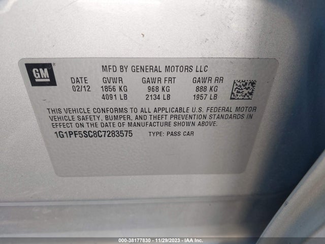 2012 CHEVROLET CRUZE 1LT VIN: 1G1PF5SC8C7283575