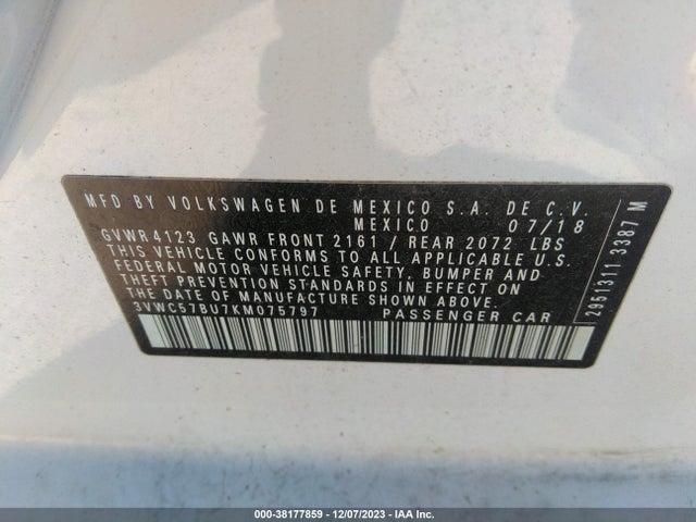 38177859 :رقم المزاد ، 3VWC57BU7KM075797 vin ، 2019 Volkswagen Jetta 1.4t R-line/1.4t S/1.4t Se مزاد بيع