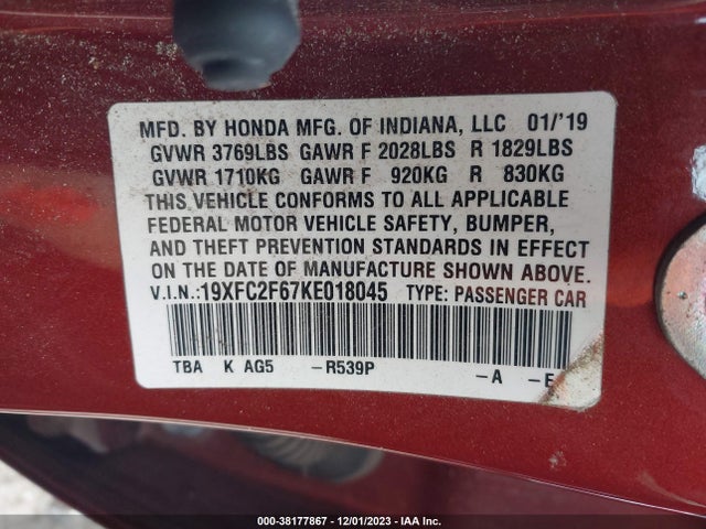 Honda Civic Lx 2019 19XFC2F67KE018045 Image 9