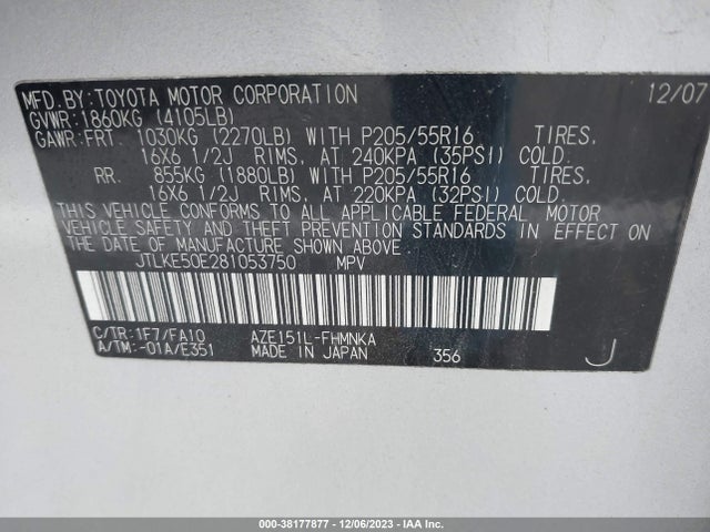 2008 SCION XB VIN: JTLKE50E281053750