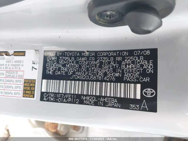 2008 TOYOTA PRIUS BASE (CVT-E) VIN: JTDKB20U587814276