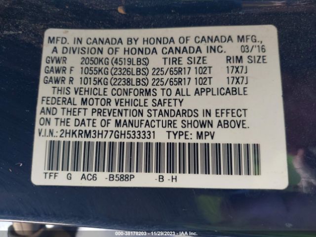 2HKRM3H77GH533331 Honda Cr-v Ex-l