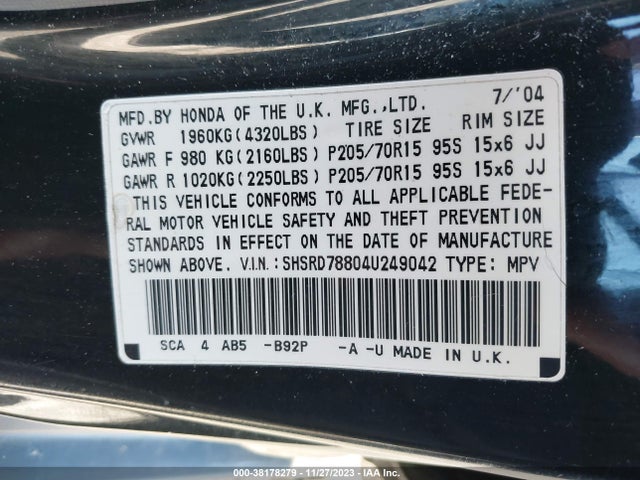2004 HONDA CR-V EX VIN: SHSRD78804U249042