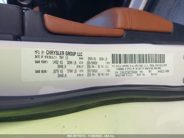 2012 JEEP GRAND CHEROKEE OVERLAND VIN: 1C4RJECG6CC354201