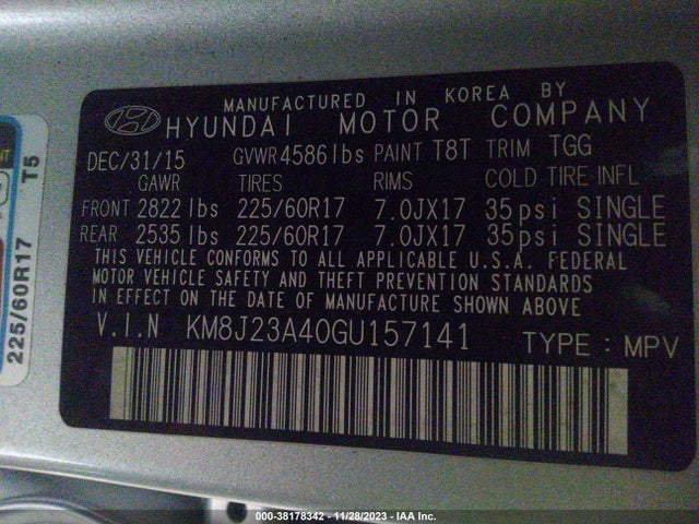 2016 HYUNDAI TUCSON SE VIN: KM8J23A40GU157141