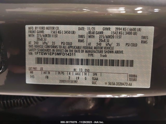 2021 FORD F-150 XLT VIN: 1FTEW1EP3MFD14311