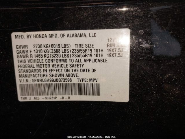 5FNRL6H99JB073598 Honda Odyssey Elite
