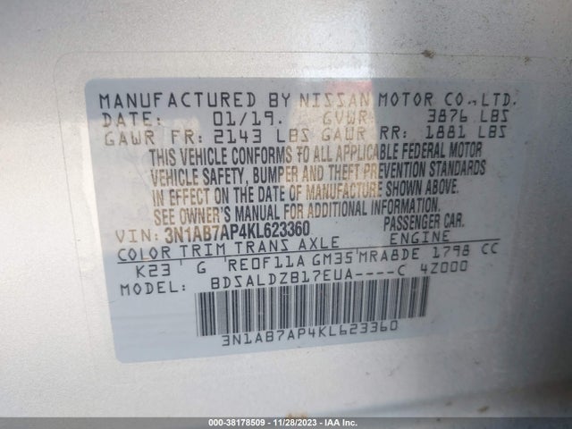 2019 NISSAN SENTRA SV VIN: 3N1AB7AP4KL623360