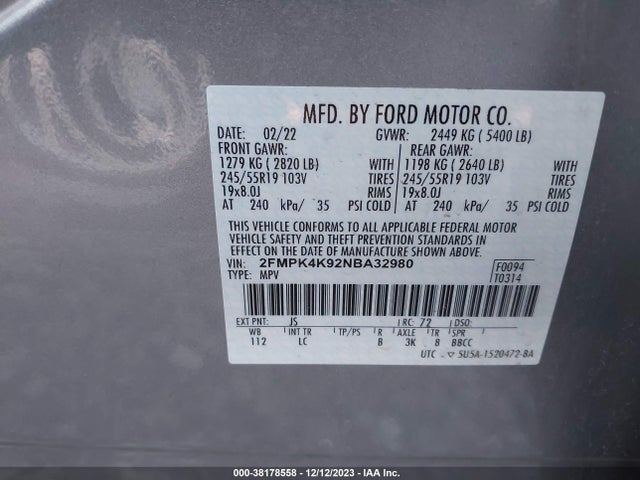 2022 FORD EDGE TITANIUM VIN: 2FMPK4K92NBA32980