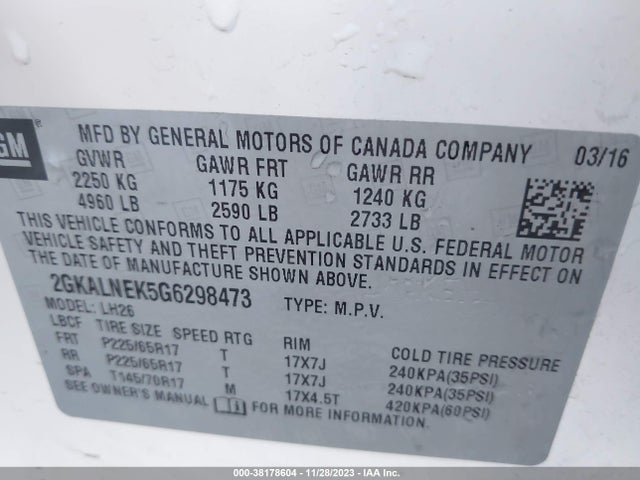 GMC Terrain Sle-2 2016 2GKALNEK5G6298473 Image 9