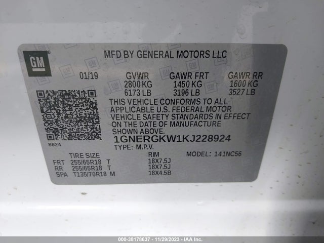 Chevrolet Traverse 1lt 2019 1GNERGKW1KJ228924 Image 9