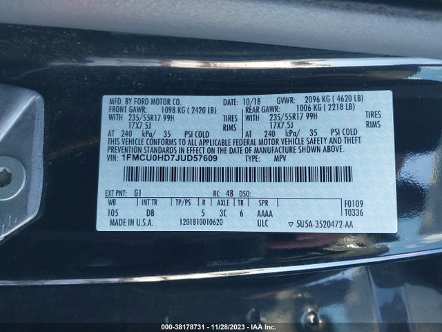 2018 FORD ESCAPE SEL VIN: 1FMCU0HD7JUD57609