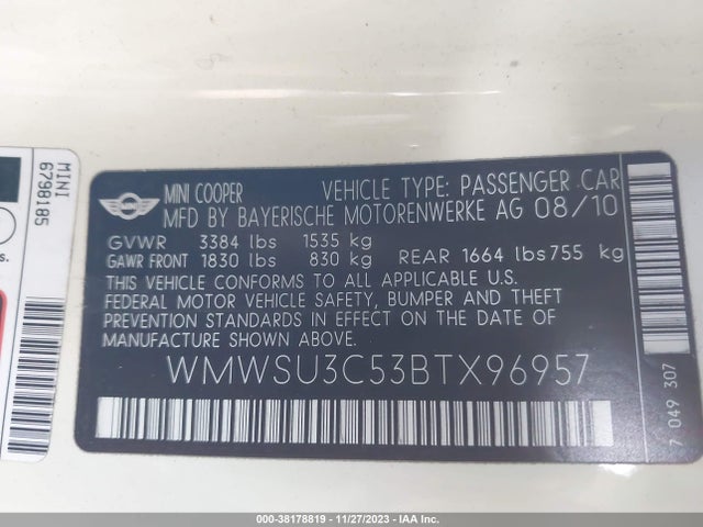 2011 MINI COOPER WMWSU3C53BTX96957 Photo 8