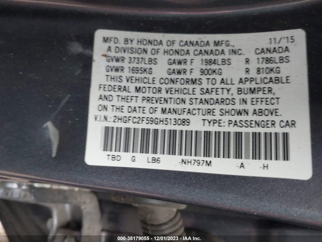 Honda Civic Lx 2016 2HGFC2F59GH513089 Image 9