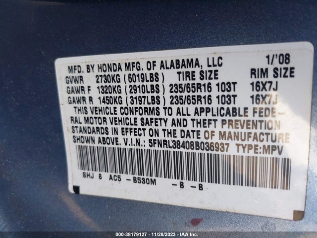 2008 HONDA ODYSSEY EX VIN: 5FNRL38408B036937