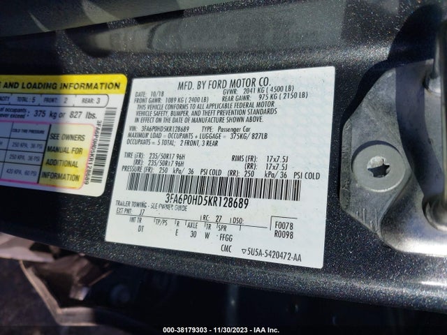 Ford FUSION SE 2019 3FA6P0HD5KR128689 Image 9
