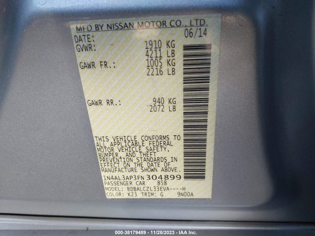 2015 NISSAN ALTIMA 2.5 S VIN: 1N4AL3AP3FN304899
