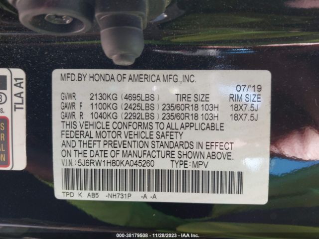 5J6RW1H80KA045260 Honda Cr-v Ex-l