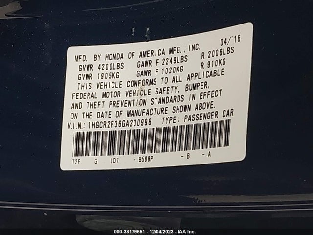 Honda ACCORD LX 2016 1HGCR2F36GA200998 Image 9