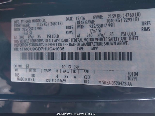 2017 FORD ESCAPE SE VIN: 1FMCU9GD7HUC41035