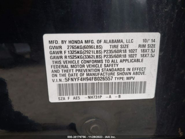 5FNYF4H94FB026557 Honda Pilot Touring