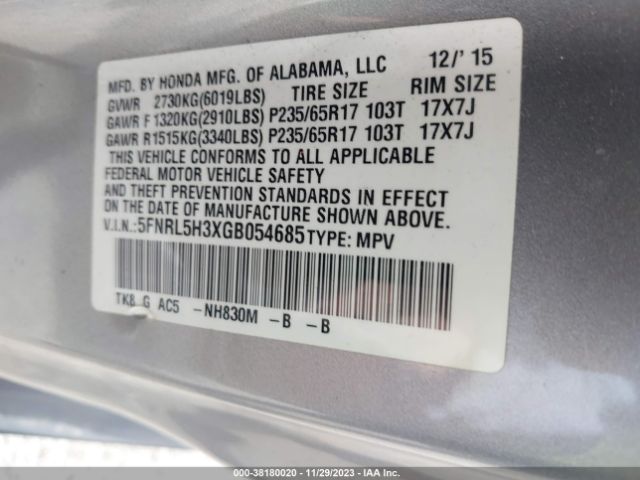 5FNRL5H3XGB054685 Honda ODYSSEY SE