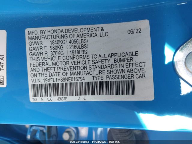 19XFL1H89NE016794 Honda Civic Sport Touring