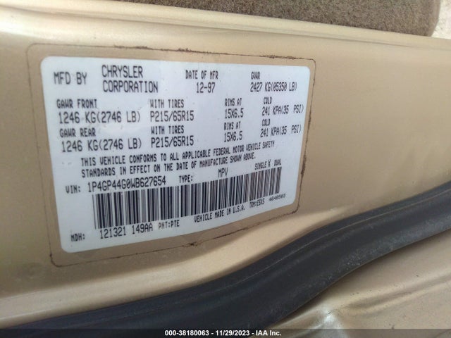 1998 PLYMOUTH GRAND VOYAGER SE VIN: 1P4GP44G0WB627654