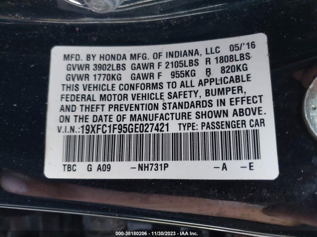Honda Civic Touring 2016 19XFC1F95GE027421 Image 9