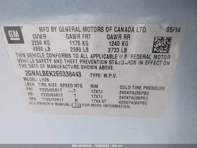 Chevrolet EQUINOX 1LT 2014 2GNALBEK2E6338443 Image 9