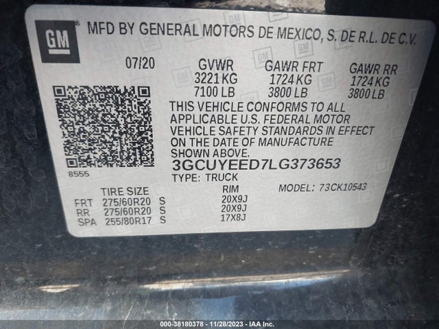 2020 CHEVROLET SILVERADO 1500 4WD SHORT BED RST VIN: 3GCUYEED7LG373653