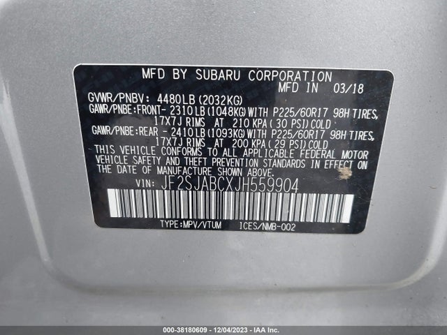 2018 SUBARU FORESTER 2.5I VIN: JF2SJABCXJH559904