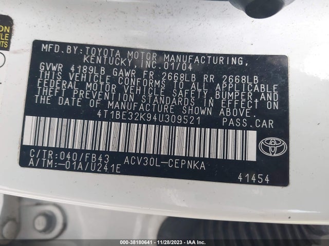 2004 TOYOTA CAMRY LE VIN: 4T1BE32K94U309521