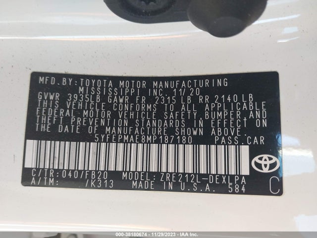2021 TOYOTA COROLLA LE VIN: 5YFEPMAE8MP187180