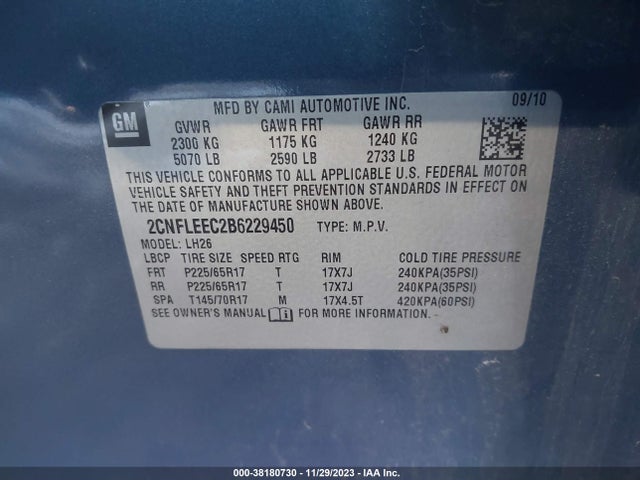 2011 CHEVROLET EQUINOX 1LT VIN: 2CNFLEEC2B6229450