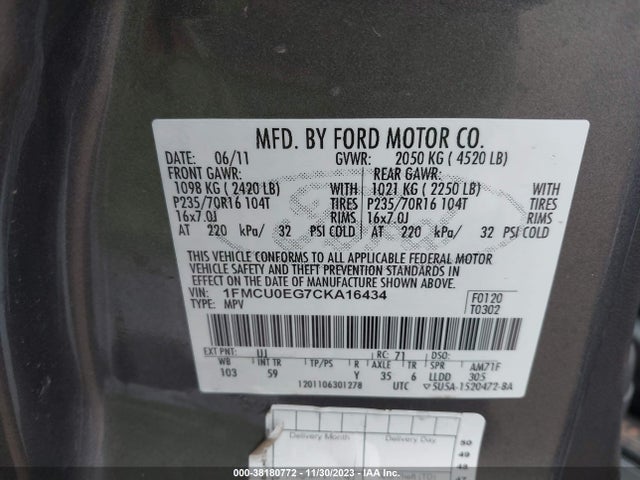 2012 FORD ESCAPE LIMITED VIN: 1FMCU0EG7CKA16434